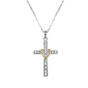 Sterling Silver Rhodium Plated Cross Gold Heart Swarovski Crystals Necklace